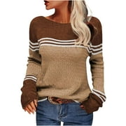 CALAFEBILA Sweaters for Women Trendy Khaki Striped Color-matching Pullover Knit Sweater