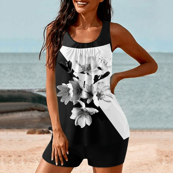 CALAFEBILA Swimsuit Women Plus Size 2 Piece Modest Tankini Pleated Floral Print Bathing Suits