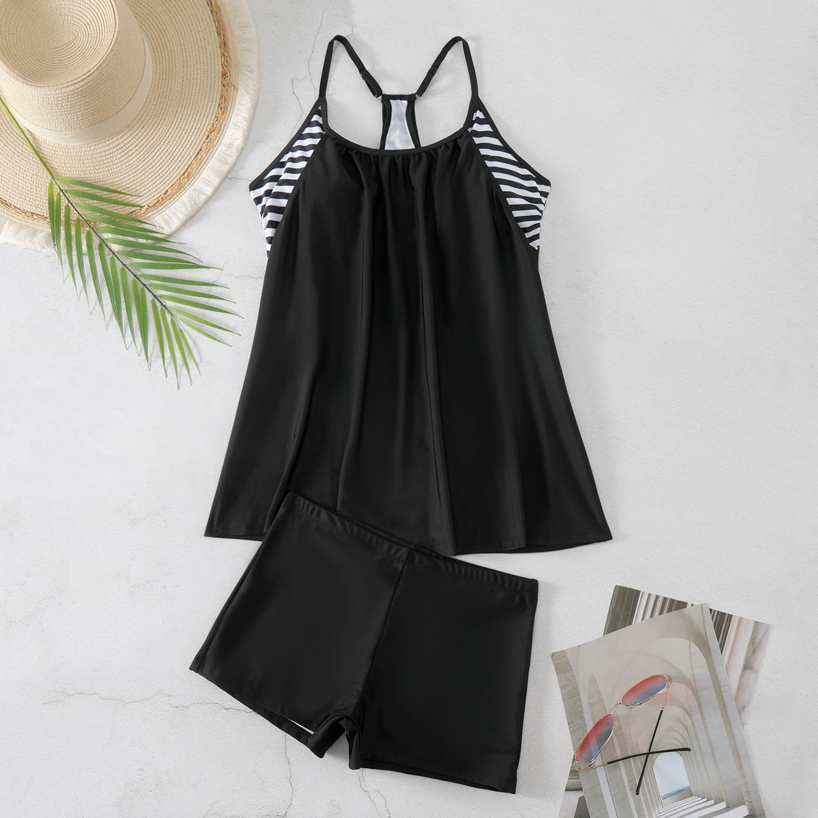 CALAFEBILA Swimsuits for Women 2025 Modest Two Piece Tankini Solid ...