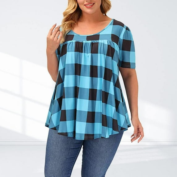 CALAFEBILA T Shirt for Women Plus Size Girls T Shirts,Women's Fashion Plaid Shirts Summer Short Sleeve Crew Neck Pleated Tops for Women