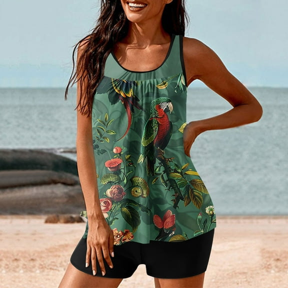 CALAFEBILA Tankini Swimming Suits for Women Two Piece Modest Pleated Floral Print Bathing Suit