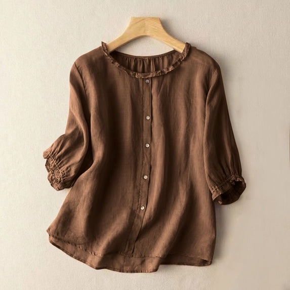 CALAFEBILA Tee Shirts for Women Cotton Linen Womens Blouses Plus Size,Women's Fashion Solid Color Blouse Summer 3/4 Sleeve Crew Neck Button Down Tops for Women