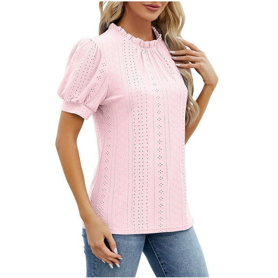 CALAFEBILA Tops for Women Brethable Summer Blouses for Women,Women Fashion Solid Color Blouse Summer Puff Sleeve Crew Neck Tops for Women 2024