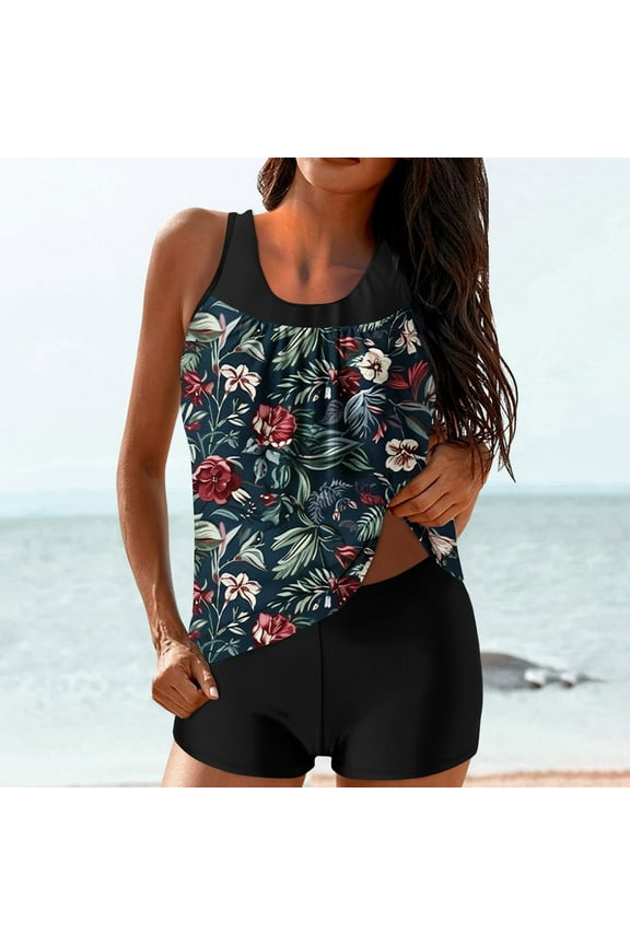 Two Piece Juniors Swimswear Modest Tankini Pleated Summer Floral Print Bathing Suits