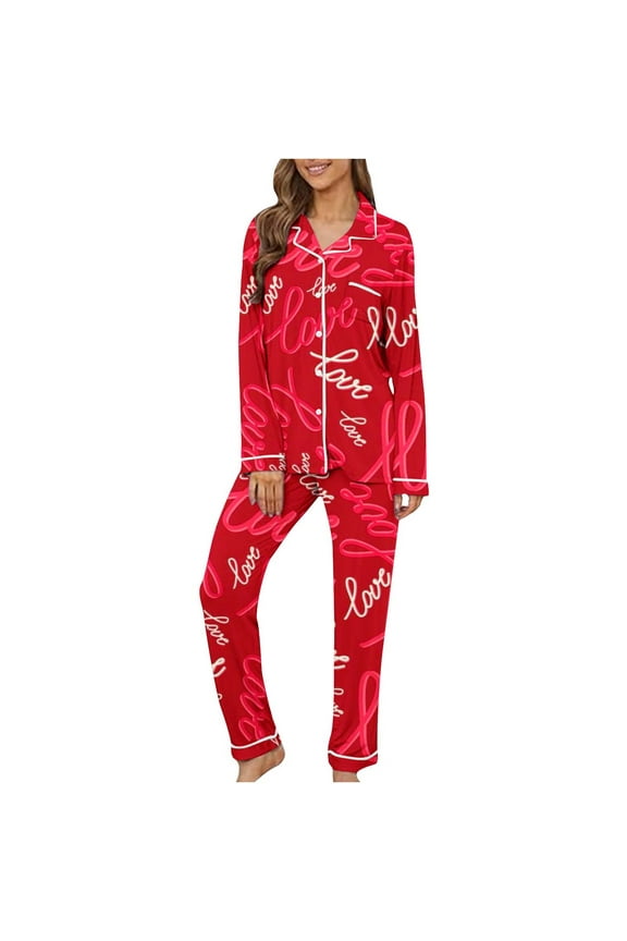 Two Piece Pajamas for Women Button Down Pjs for Women Valentine Day Sleepwear Notch Collar Heart Print Tops with Pocket and Pants