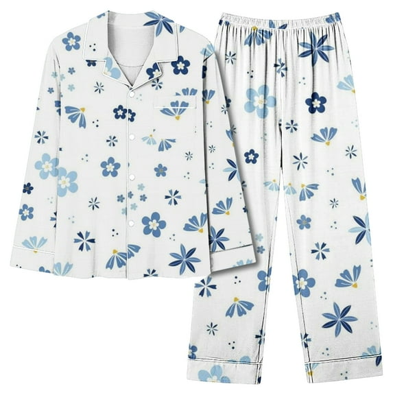 CALAFEBILA Two Piece Pajamas for Women Womens Button Down Pajama Sets Homewear Notch Collar Floral Print Tops with Pocket and Pants