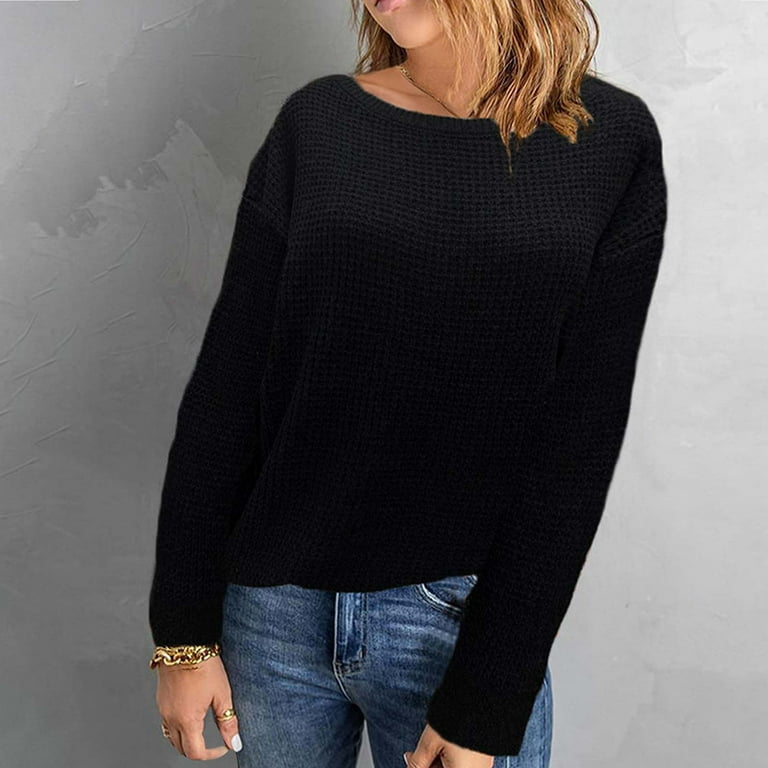 CALAFEBILA Waffle Knit Sweaters for Women Ladies Winter Long Sleeve Crew Neck Waffle Knit Solid Color Casual Skin friendly Pullover Sweater