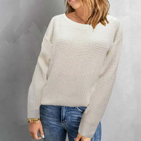 CALAFEBILA Waffle Knit Sweaters for Women,Ladies Winter Long Sleeve Crew Neck Waffle Knit Solid Color Casual Skin-friendly Pullover Tops