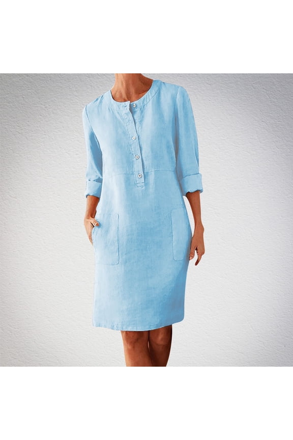 Winter Dresses for Women Cotton Linen Knee Length Long Sleeve Button Down Midi Dresses Long Crew Neck Solid Color Womens Dresses