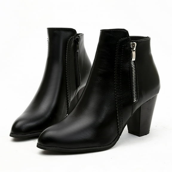 CALAFEBILA Winter Shoes Women Black Popularity Fashion Solid Color British Style Thick Heel Low Barrel Zipper