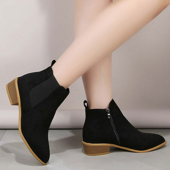 CALAFEBILA Winter Shoes Women Black Winter Flock Boots Chunky Heel Low Heel Round-Toe Boots Side Zipper