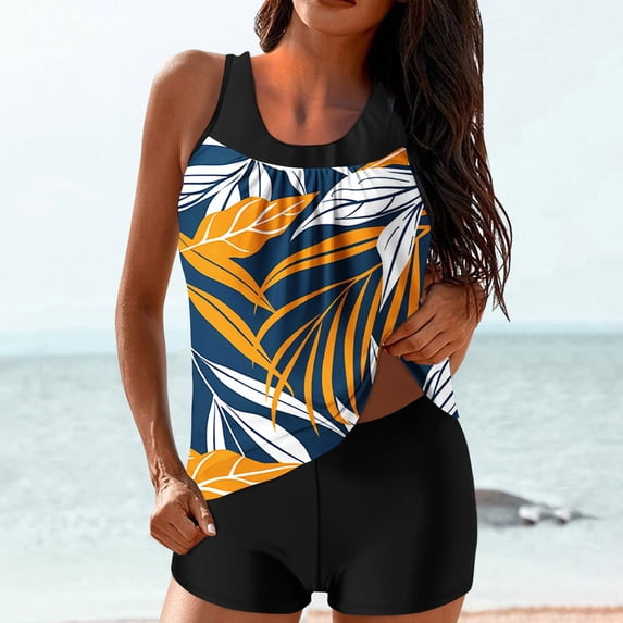 CALAFEBILA Woman Swimsuit Tankini Modest 2 Piece Floral Print Summer Pleated Bathing Suits