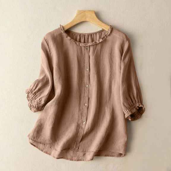 CALAFEBILA Woman Tshirts Cotton Linen Ladies Blouses,Womens Fashion Solid Color Blouse Summer 3/4 Sleeve Crew Neck Button Down Ladies Tops