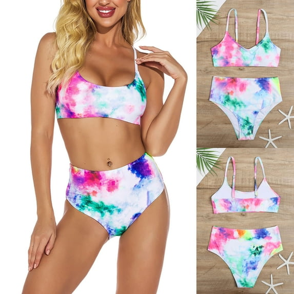 CALAFEBILA Women Bikini 2025 Athletic Training Tie-Dye Solid Pool Mother's Day Summer Show Waist Suspender China Split Swimsuit for Women