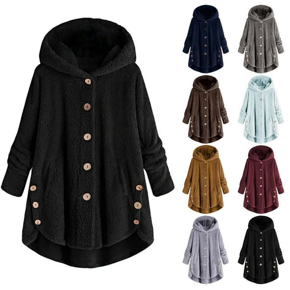 CALAFEBILA Women Coat & Jacket,Women Plus Size Button Plush Tops Hooded Loose Cardigan Wool Coat Winter Jacket