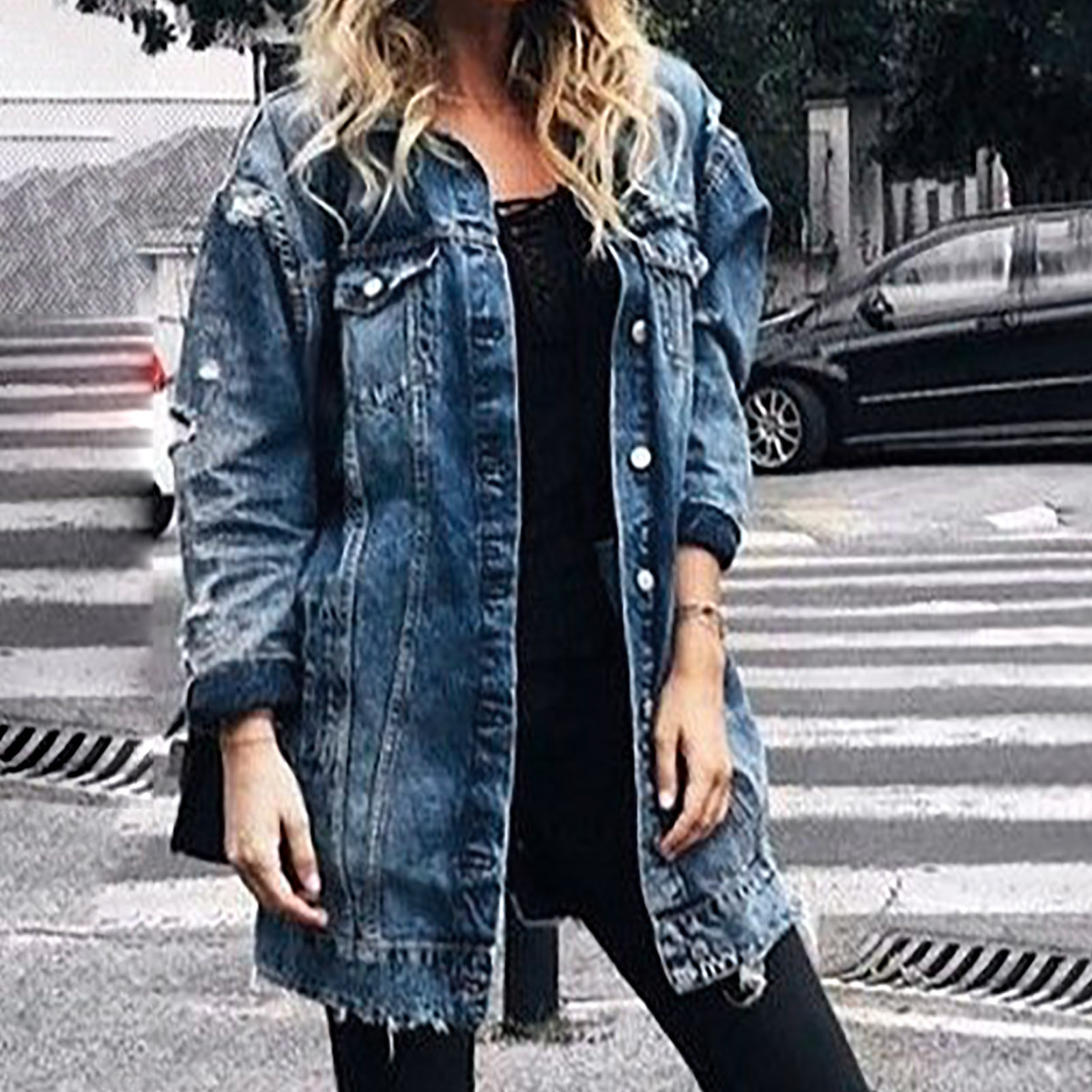 CALAFEBILA Women Denim Tops Womens Fall Fashion 2023 Oversized Mid Length Jean Jacket Loose Long Sleeve Single Breasted Boyfried Ripped Denim Jacket With Pockets Walmart