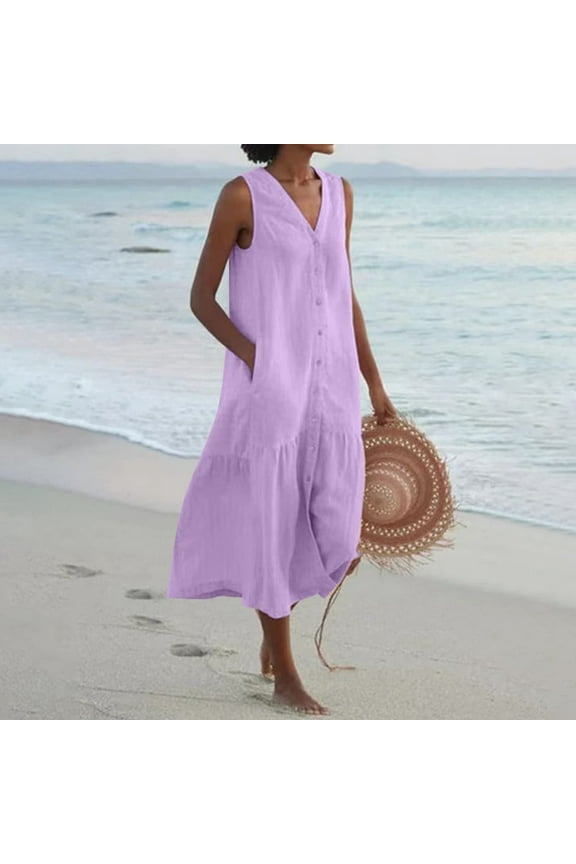 Women Dresses With Pocket Sleeveless V-neck Solid Color Midi Shirt Dress Cotton Linen Pockets Tank Dress Long Women's Dresses