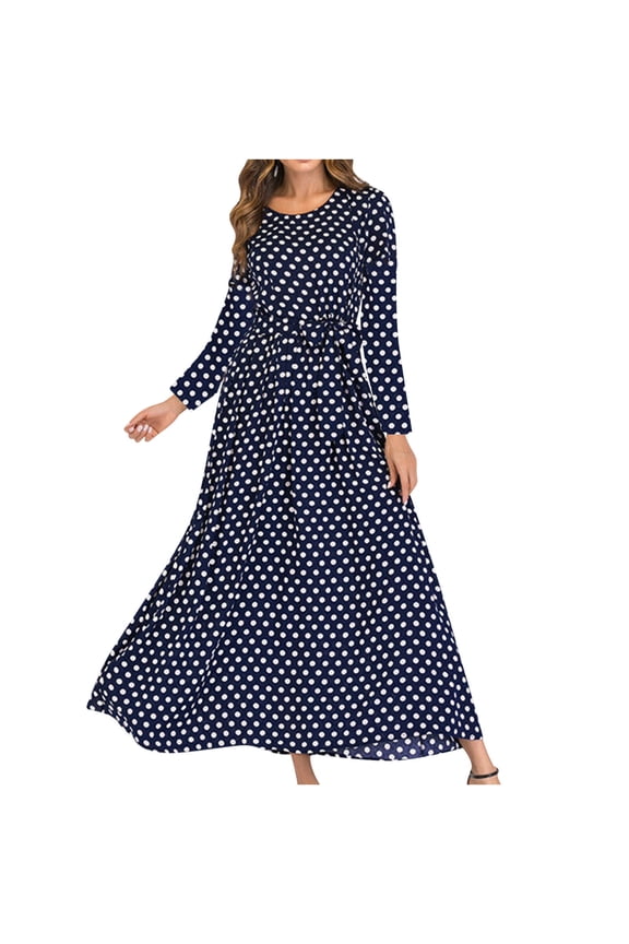 Women Dresses for Summer Long Sleeve Polka Dot Midi Sun Dress A-Line Bandage Long Junior Dresses