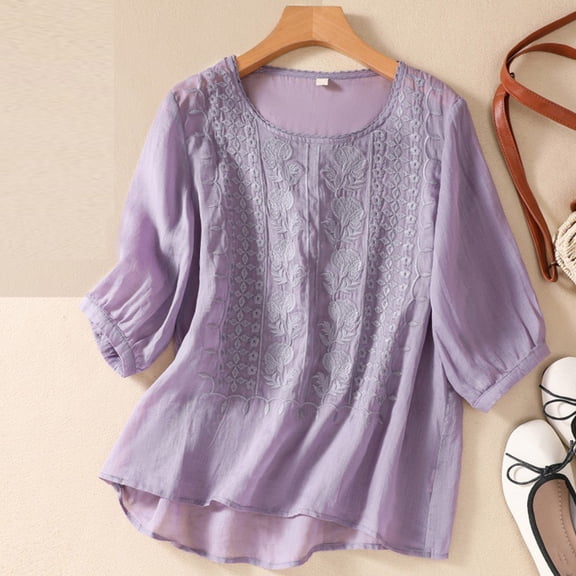 CALAFEBILA Women Dressy Tops Cotton Linen Women's Blouses,Women's Fashion Solid Color Blouse Summer 3/4 Sleeve Crew Neck Embroidery Lace Tops for Women 2024