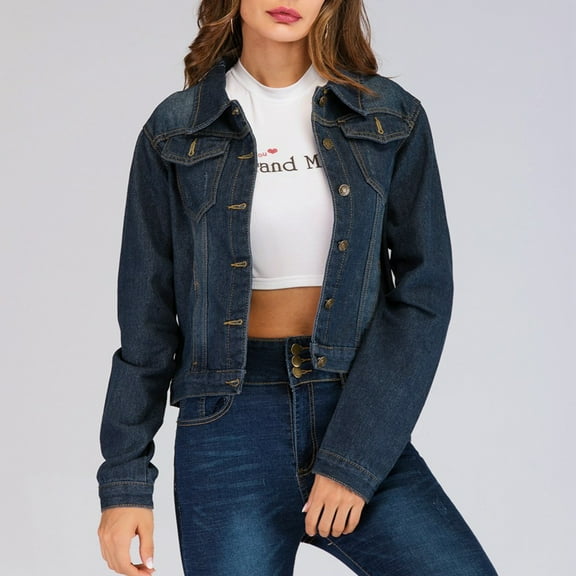 CALAFEBILA Women Jean Jacket Womens Fall Fashion 2023 Cropped Jean Jacket Long Sleeve Button Slim Denim Jacket With Pockets