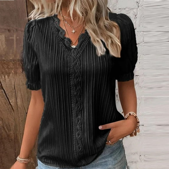 CALAFEBILA Women Plus Size T Shirts Lace Summer Blouses for Women,Womens Fashion Solid Color Blouse Summer Short Sleeve V Neck Womens Casual Tops
