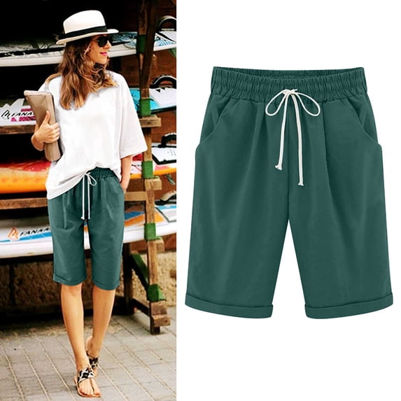 CALAFEBILA Women Running Shorts Summer Linen Independence Day Solid Half Shorts Pants