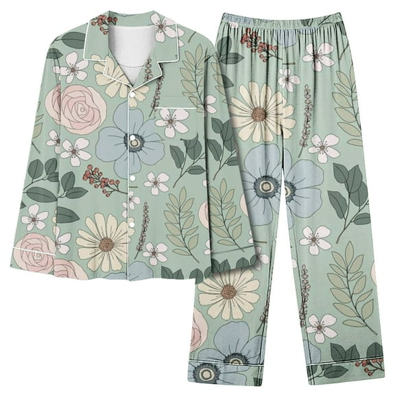 CALAFEBILA Women Sets Womens Button Down Pajamas Vintage Homewear Notch Collar Floral Print Tops with Pocket and Pants