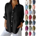 thumbnail image 1 of CALAFEBILA Women Shirts Cotton Linen Women Blouses,Ladies Fashion Solid Color Blouse Summer 3/4 Sleeve Crew Neck Button Down Womens Casual Tops, 1 of 6