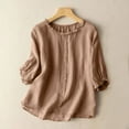 thumbnail image 1 of CALAFEBILA Women Shirts Cotton Linen Women Blouses,Ladies Fashion Solid Color Blouse Summer 3/4 Sleeve Crew Neck Button Down Womens Casual Tops, 1 of 5