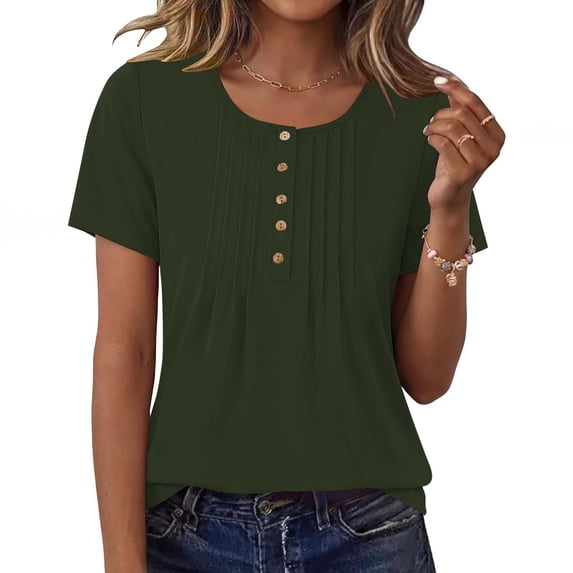 CALAFEBILA Womens Plus Size Tops Casual Summer Plain Button Blouses for Women Short Sleeve V Neck T-shirts