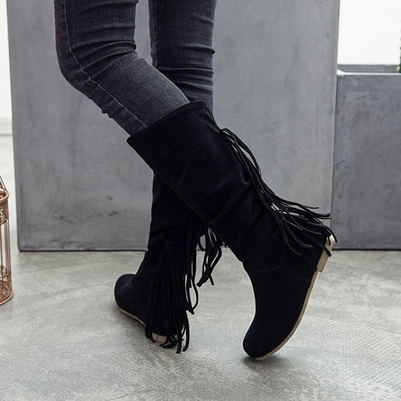 CALAFEBILA Women Shoes Black Fringed Round Toe Warm Winter High Long Low Heel Retro