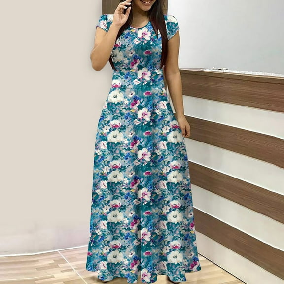 CALAFEBILA Women Summer Dresses Short Sleeve Floral Maxi Party Dress Slim Long Teen Dresses