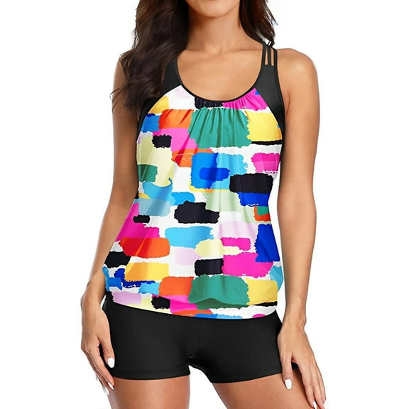 CALAFEBILA Women Swimsuit Two Piece Modest Tankini Tie Dye Pleated Women's Bathing Suit