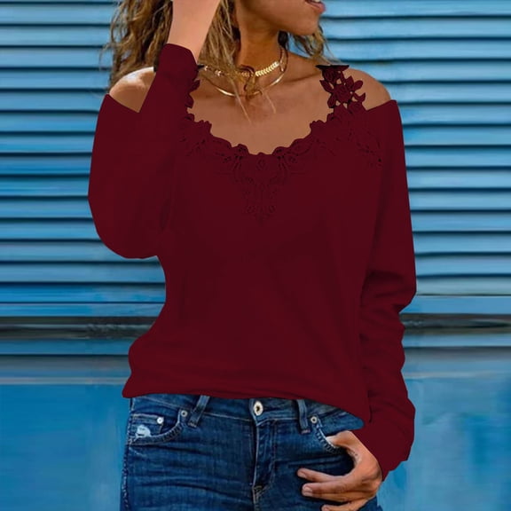 CALAFEBILA Women T Shirt Trip Long Sleeve V Neck Casual Winter Patchwork Print Lace Tops for Junior 2025