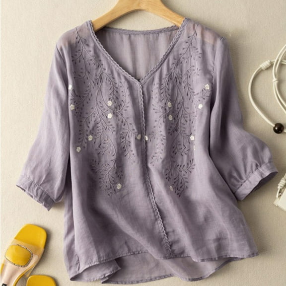 CALAFEBILA Women T-Shirts Cotton Linen Women's Blouses,Women Fashion Solid Color Blouse Summer Short Sleeve Crew Neck Embroidery Lace Tops for Women 2024