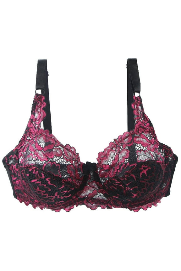 Women's Bra Daily Hot Pink Push-up Underwire Breathable Padded Full Coverage Spaghetti Strap Lace Evening Bra,XXXL