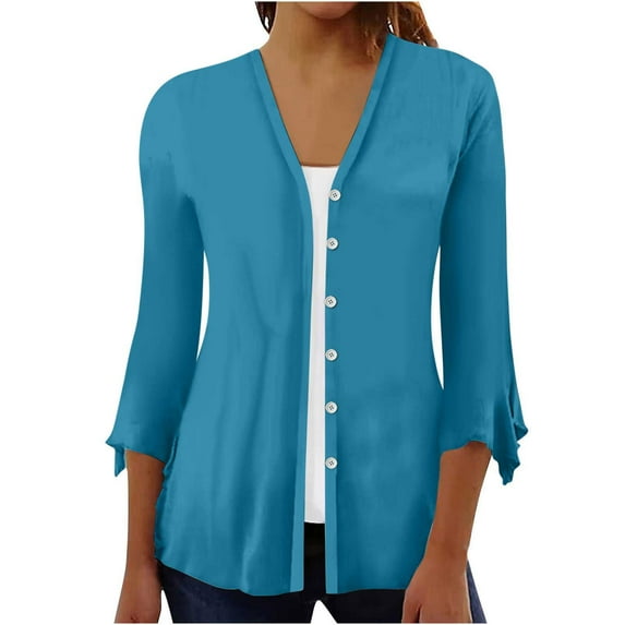 CALAFEBILA Women's Casual Solid Lightweight 3/4 Puff Sleeve Sweater Date Night Front Open Single-Breasted Cardigan for Women 2025
