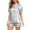 thumbnail image 1 of CALAFEBILA Women's Pjs Button Pajamas for Women Pajama Notch Collar Ice Satin Silk Tops with Pocket and Shorts, 1 of 6