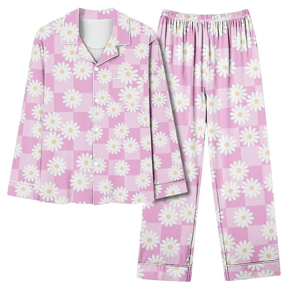 CALAFEBILA Women's Sets Two-Piece Womens Button Down Pajamas Valentine Day Loungewear Notch Collar Floral Print Tops with Pocket and Pants