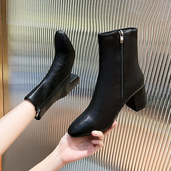 CALAFEBILA Women's Shoes Black Side Zipper Skinny Boots Single Boots Chunky Heel Stylish Ankle Boots