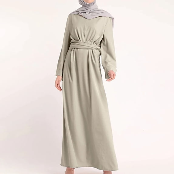 CALAFEBILA Women's Summer Dresses Long Sleeve Solid Color Maxi Kaftan Dress Muslim with Belt Long Womens Dresses
