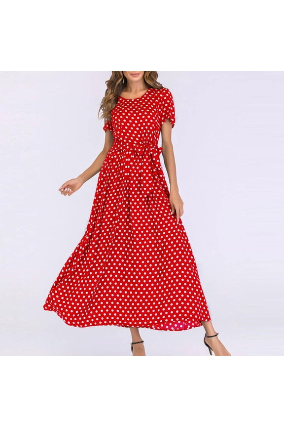 Women's Sundresses Short Sleeve Polka Dot Midi Sun Dress Bandage Flowy Swing Long Dresses for Women 2025