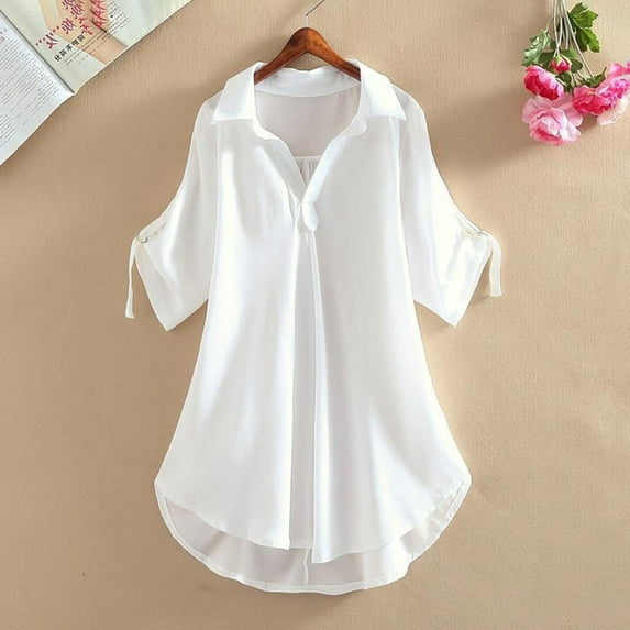 CALAFEBILA Women's T Shirt Lapel Women's Blouses,Ladies Fashion Solid Color Blouse Summer Short Sleeve Chiffon Womens Casual Tops