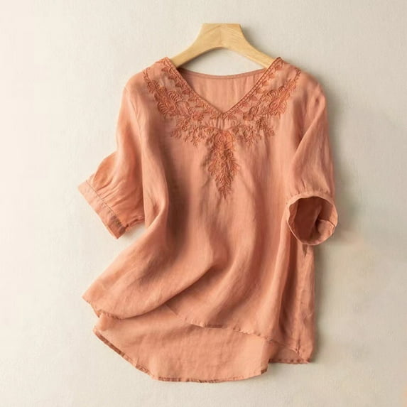 CALAFEBILA Women's T Shirts Cotton Linen Blouses for Women,Ladies Fashion Solid Color Blouse Summer Short Sleeve V Neck Embroidery Ladies Tops