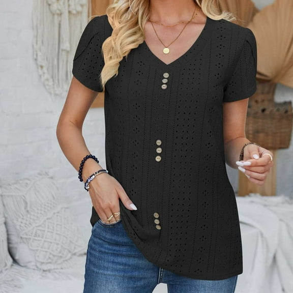 CALAFEBILA Women's Tops On Button up Women's Plus Size Blouses,Ladies Fashion Solid Color Blouse Summer Short Sleeve V Neck Loose Breathable Ladies Tops