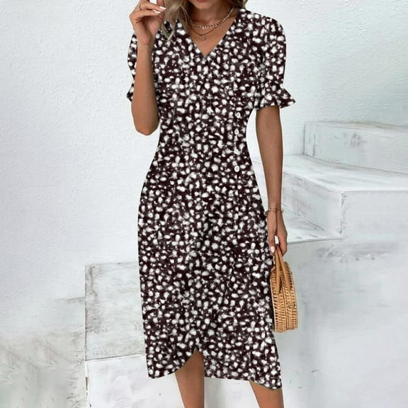 CALAFEBILA Womens Dress Short Sleeve V-neck Polka Dot Midi Sun Dress A-Line Split Long Boho Dresses