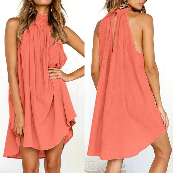 CALAFEBILA Womens Dress Sleeveless Solid Color Mini Sun Dress Pleated Side Split Tank Dress Short Dresses for Teens