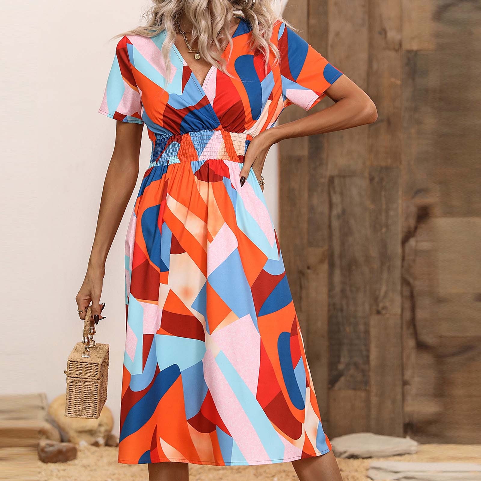 knee length a line summer dresses CALAFEBILA for Women Short Sleeve V-neck Floral Sun Dress Wrap Elastic Waist Long Womens Dresses breathable cotton Original 2026 Ruched Midi Dress Size:4 AUS
