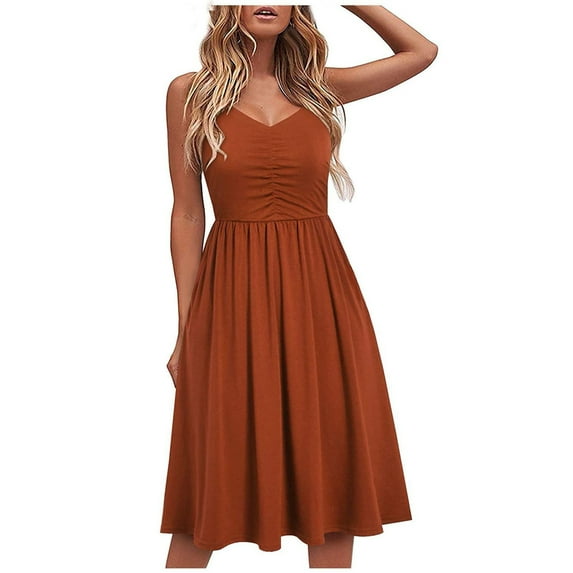 CALAFEBILA Womens Dresses Plus Size Sleeveless V-neck Solid Color Knee Length Sun Dress Lace-up Pleated Flowy Long Women's Dresses