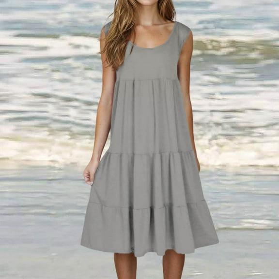 CALAFEBILA Womens Dresses Sleeveless Solid Color Sun Dresses for Women Casual Crew Neck Knee Length Beach Tank Mini Dresses